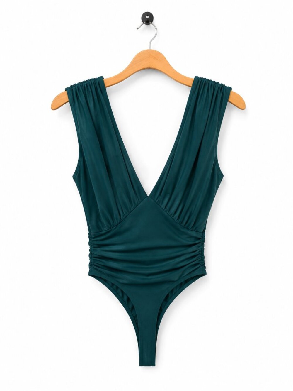 Express Body Contour Emerald Green Sculpt Ruched V Neck Bodysuit M NWT - Picture 3 of 6